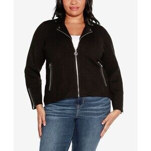 Belldini Black Label Women's Plus Size Motorcycle Sweater Jacket Zip Up Black 2X